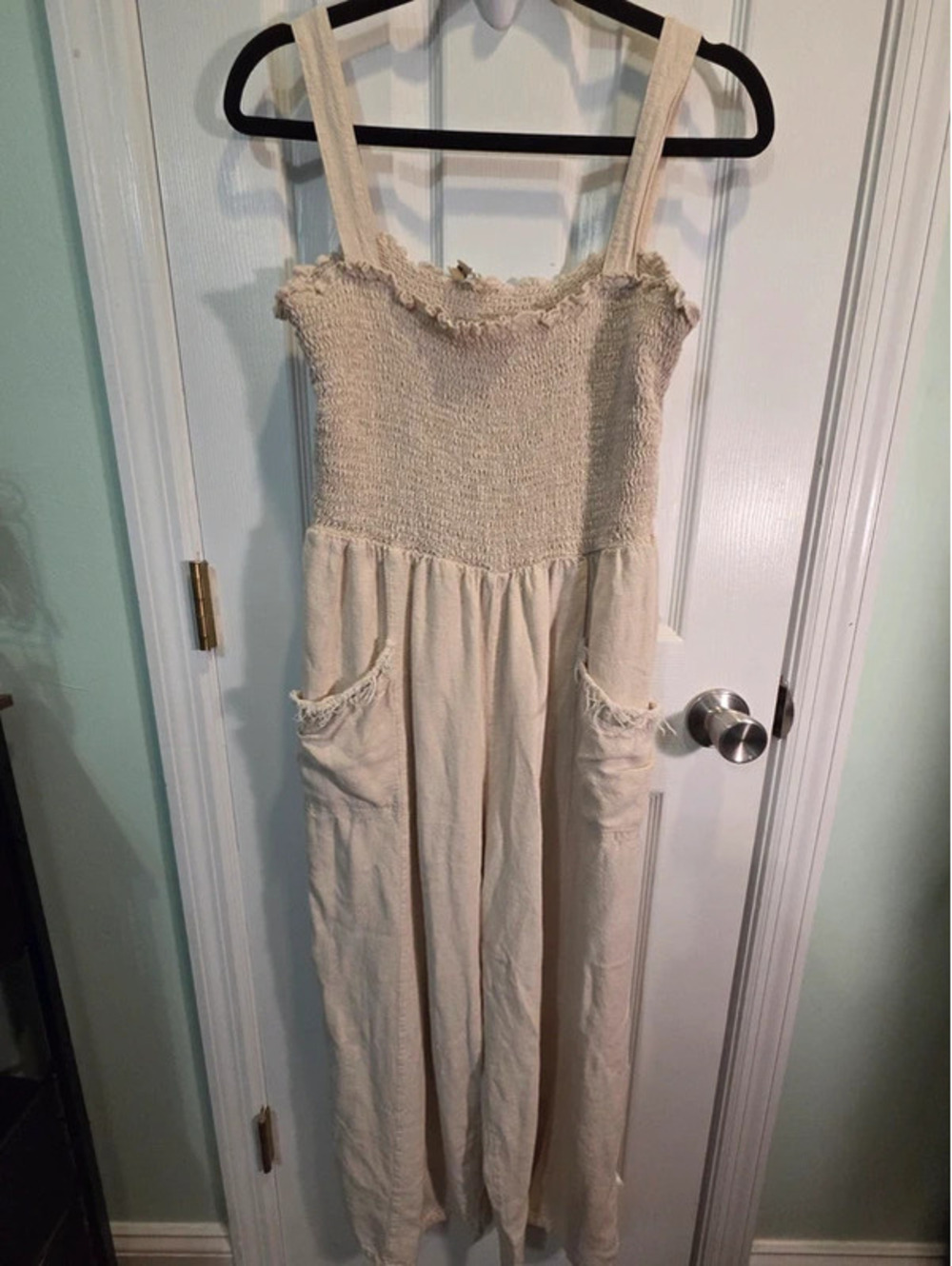 Umgee Linen Rayon Smocked Jumpsuit Overalls Large Beige Boho Wide Leg